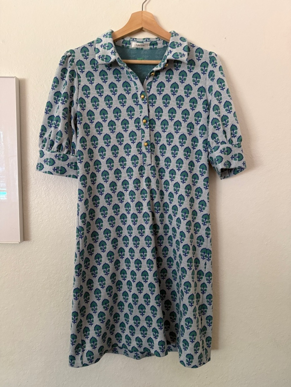 Tyler Böe Collared Midi Dress in Light Blue with Teal Retro Motif Sz Missing